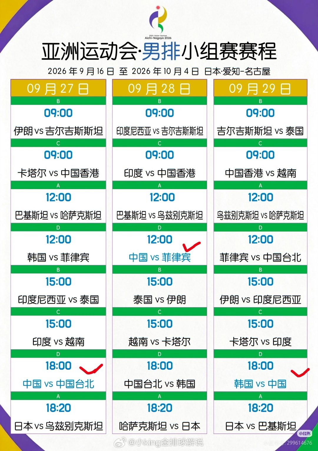 2026爱知名古屋亚运会 男排比赛小组赛全部赛程。小组赛就要打韩国🇰🇷和中国