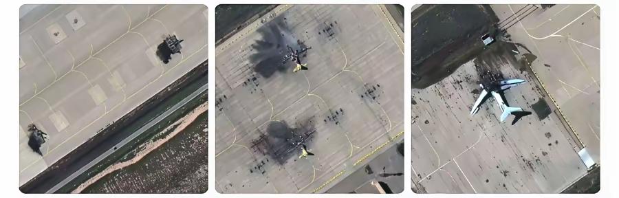 在伊朗德黑兰的机场，空军战机和运输机，都逃不过美以联军的空投轰炸，躺在机场上的飞