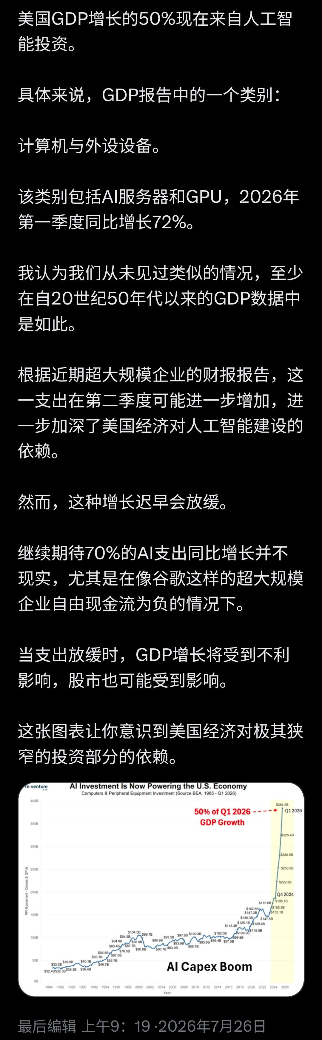 AI及相关行业是美国GDP的顶梁柱，无论如何也不可能让它崩盘，假如崩了，这意味着