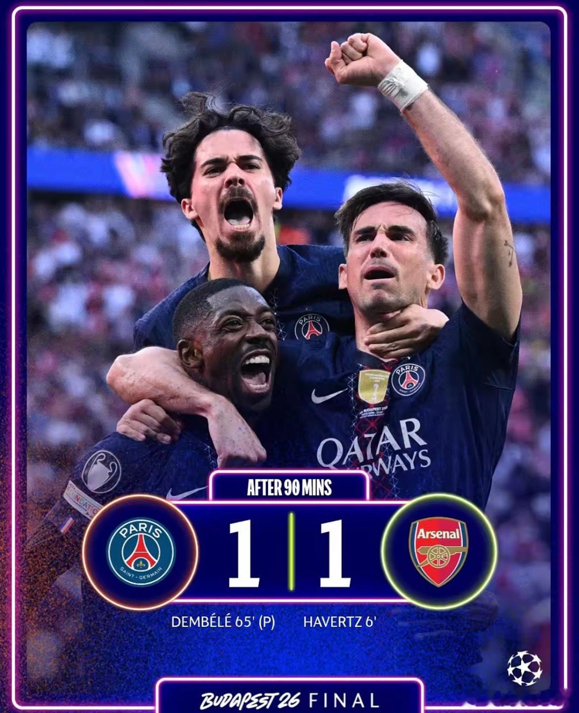 大巴黎1-1阿森纳！欧冠决赛时隔10年出现加时，上次皇马点球夺冠5月31日讯 2