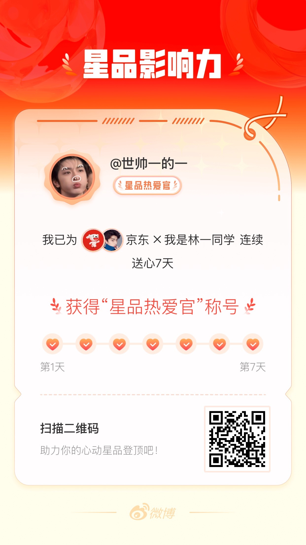 我在星品影响力上为 X 连续送心7天，获得“星品热爱官”称号！快来一起pick你