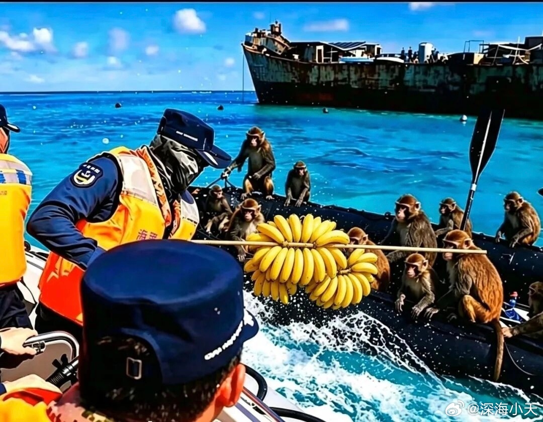 中国海警投喂海上漂浮的猴子。这张图片，应该能拿那个什么普利策新闻图片奖了吧。看拍