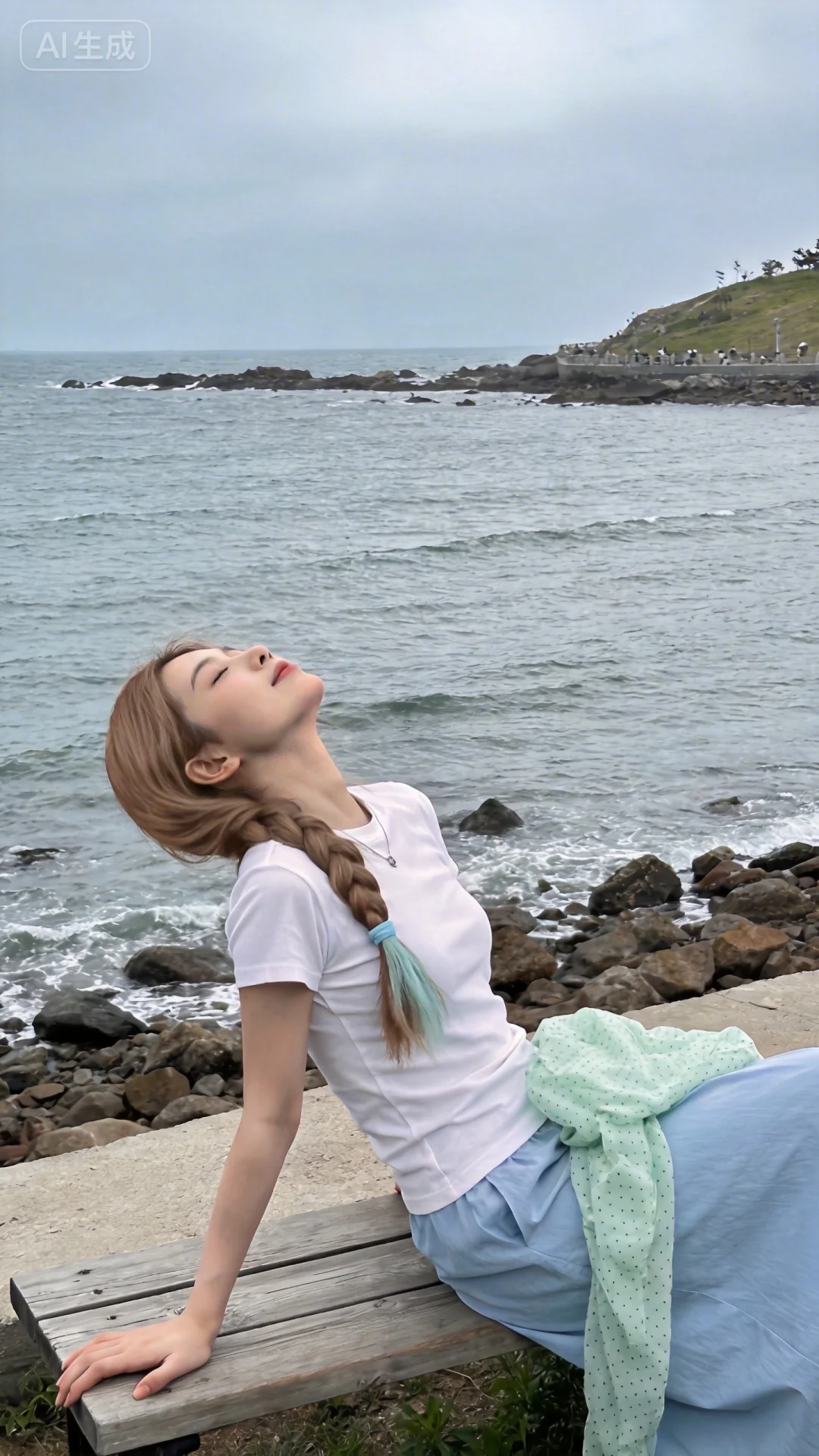 超高清，真实照片，生活随拍风格，现代海滨户外场景。主体为年轻中国女性...