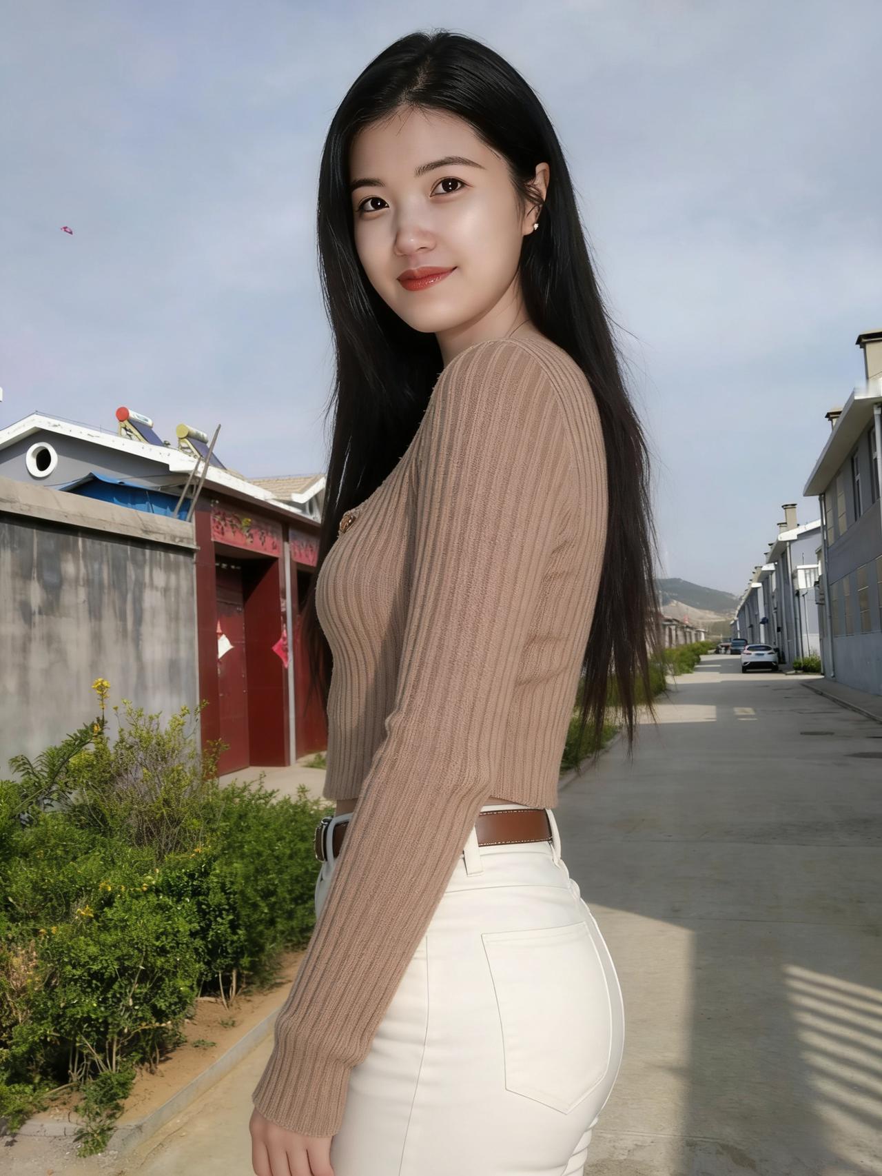 浅衫裹住半城春，素裤轻承日色温。
巷口风来梳鬓发，香随云影过柴门。