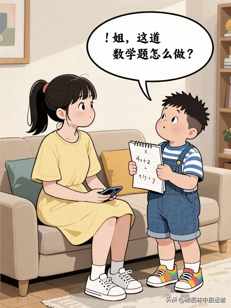 趣味漫画：弟弟：姐，这道数学题怎么做？姐姐看了一眼：这么简单你不会？姐姐研究了十