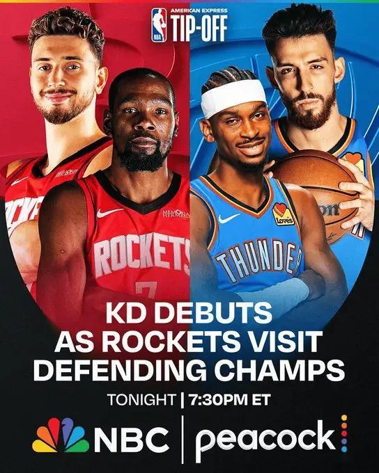 NBA回来了！揭幕战就在今日！7:30雷霆vs火箭雷霆主场领取冠军戒指，杜兰特火