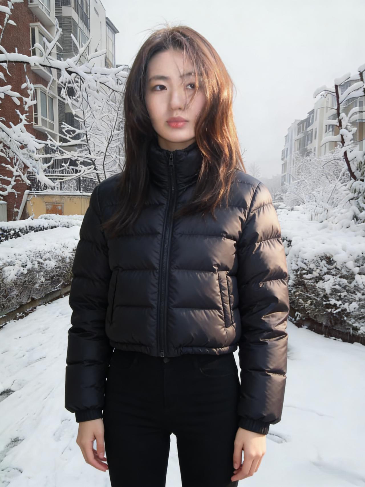 雪把青砖的纹路揉软时
她站成冬日里一截黑色的枝
羽绒服的光面裹着人间的春暖
像飞