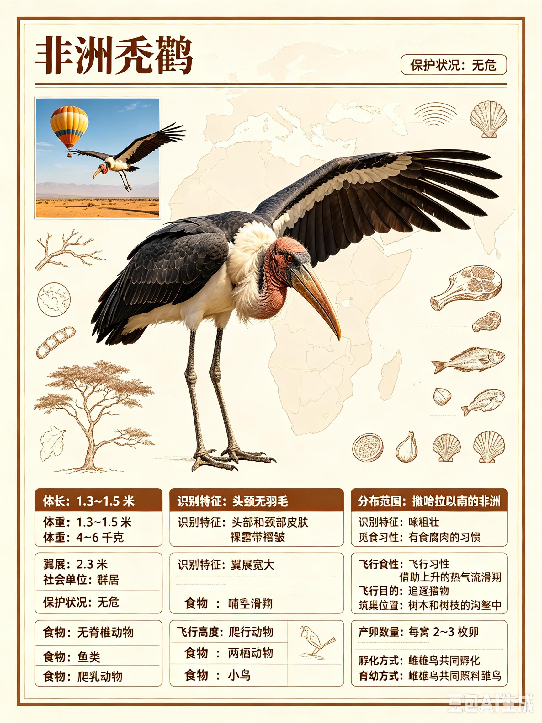 鸟类朋友图鉴 非洲秃鹳体长：1.3~1.5 米体重：4~6 千克翼展：2.3 米