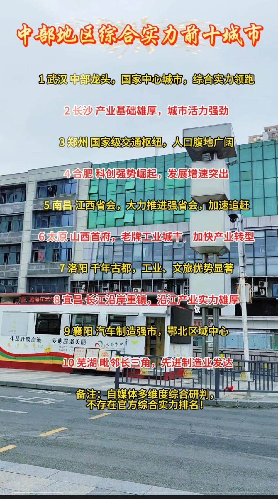 中部地区综合实力前十城市
 
1 武汉 中部龙头，国家中心城市，综合实力领跑 
