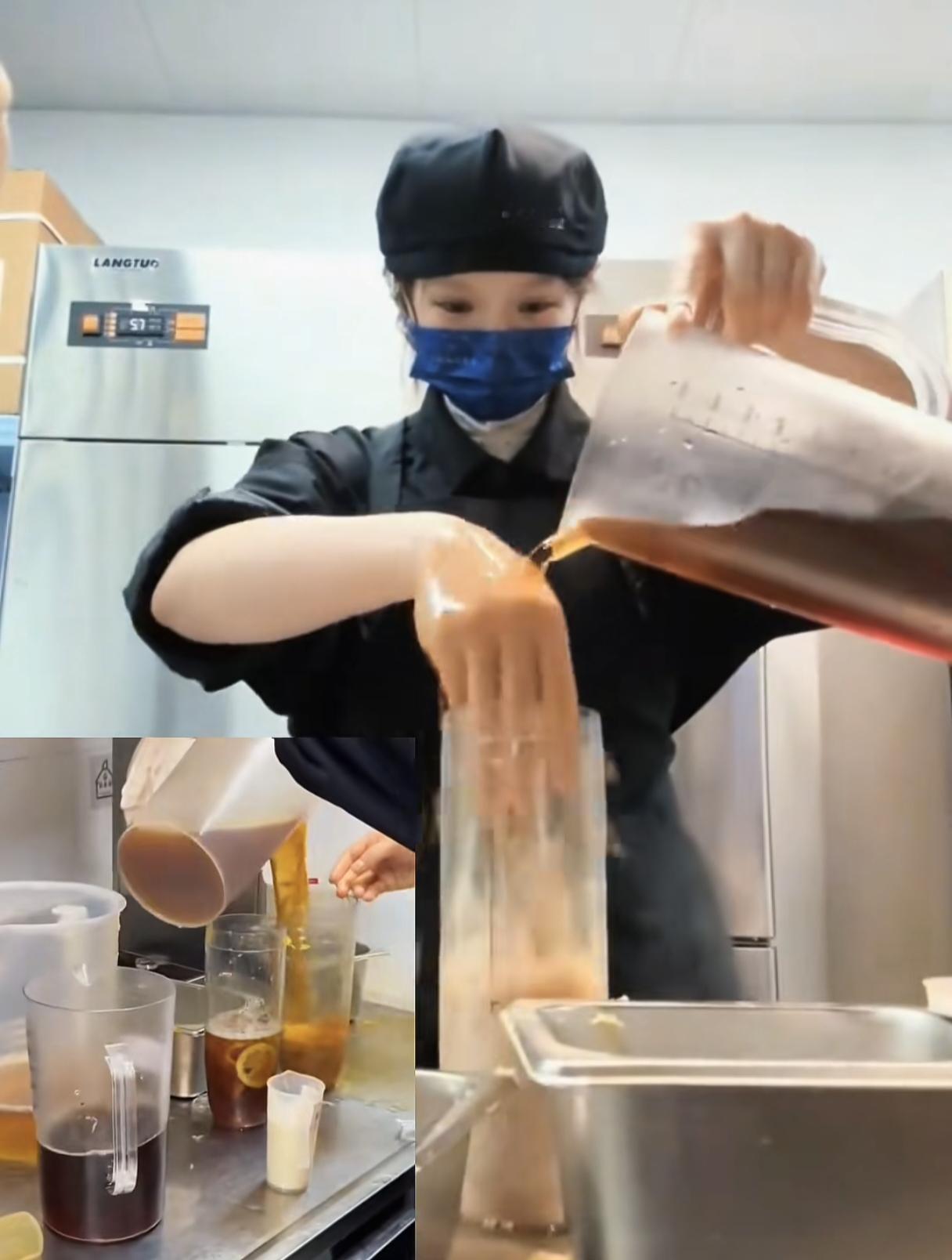 不敢再喝了！看到霸王茶姬员工“手打”奶茶，不戴手套，面脸笑容的徒手捏冰块、挤柠檬