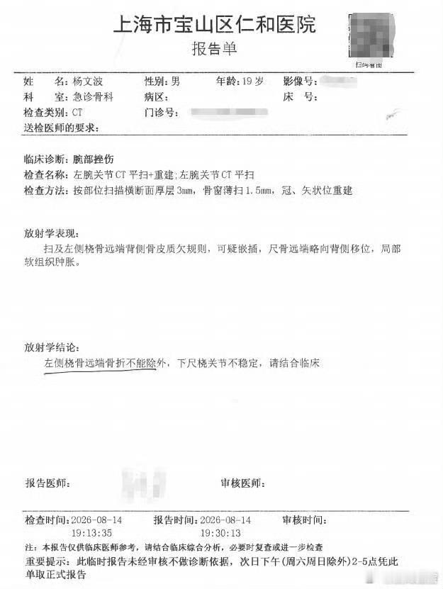 Wenbo摔伤细节曝光 Wenbo摔伤检查单表现，不算粉碎性危重骨折，但属于【需
