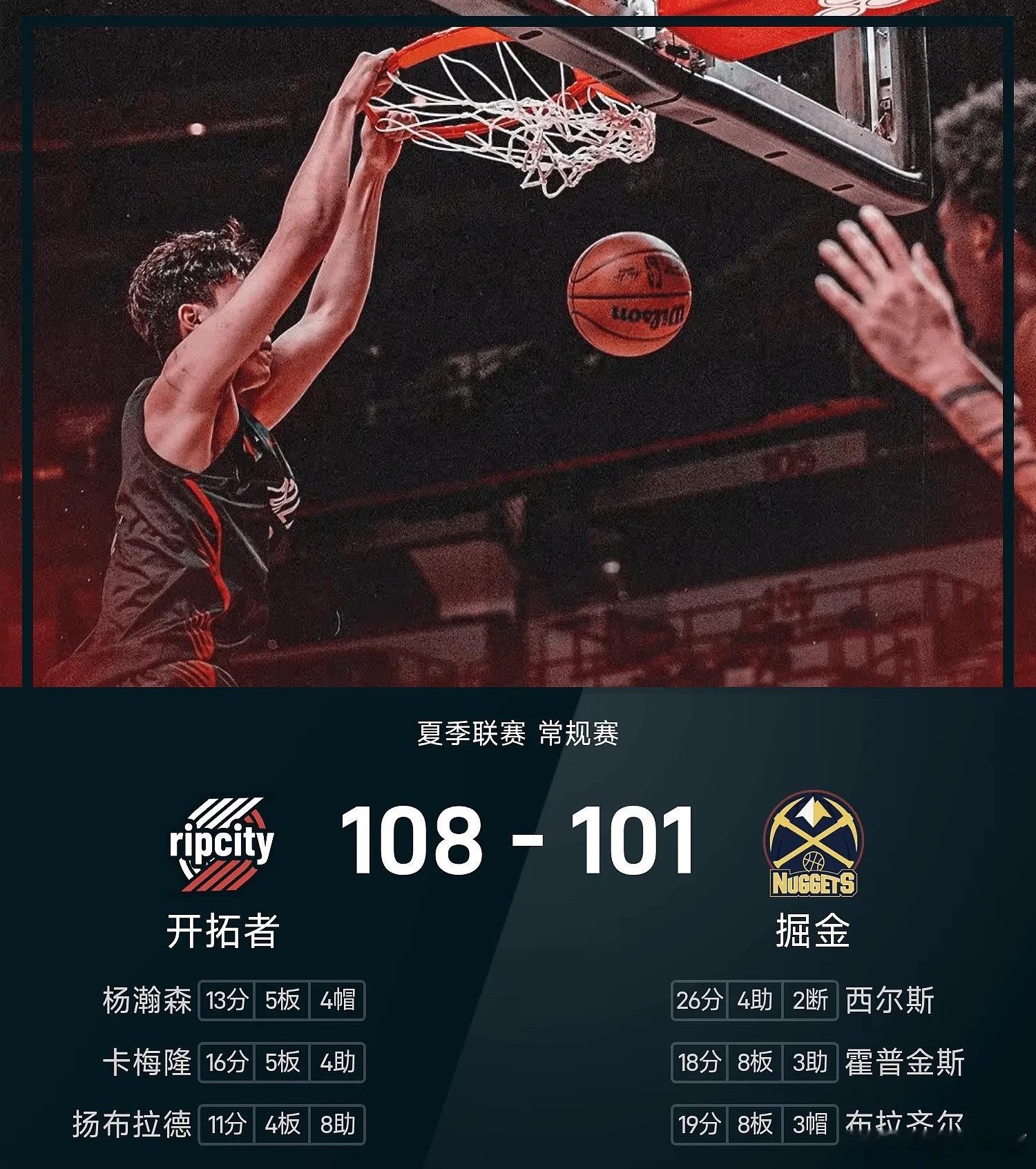今日NBA夏季联赛开拓者vs掘金。中国球员杨瀚森11投6中，得到13分5板3助1