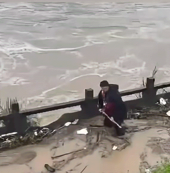 9月2日，温州市平阳县南雁镇受暴雨影响河水暴涨，眼看河边河道漂浮杂物堵塞行洪断面