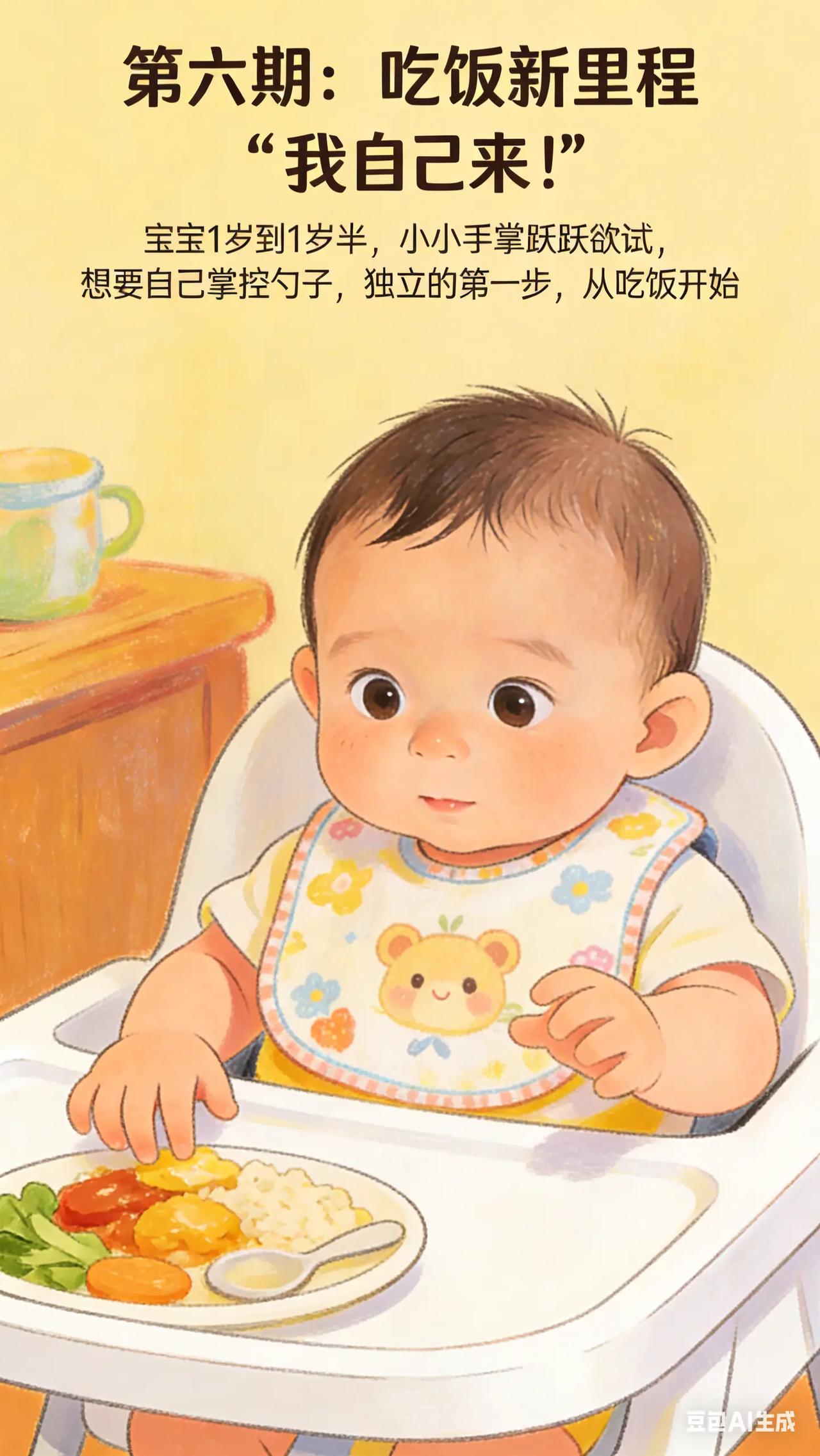 0-3岁喂养与饮食：6.引导宝宝自己吃。宝宝 1 - 1.5 岁，开始对自己动手