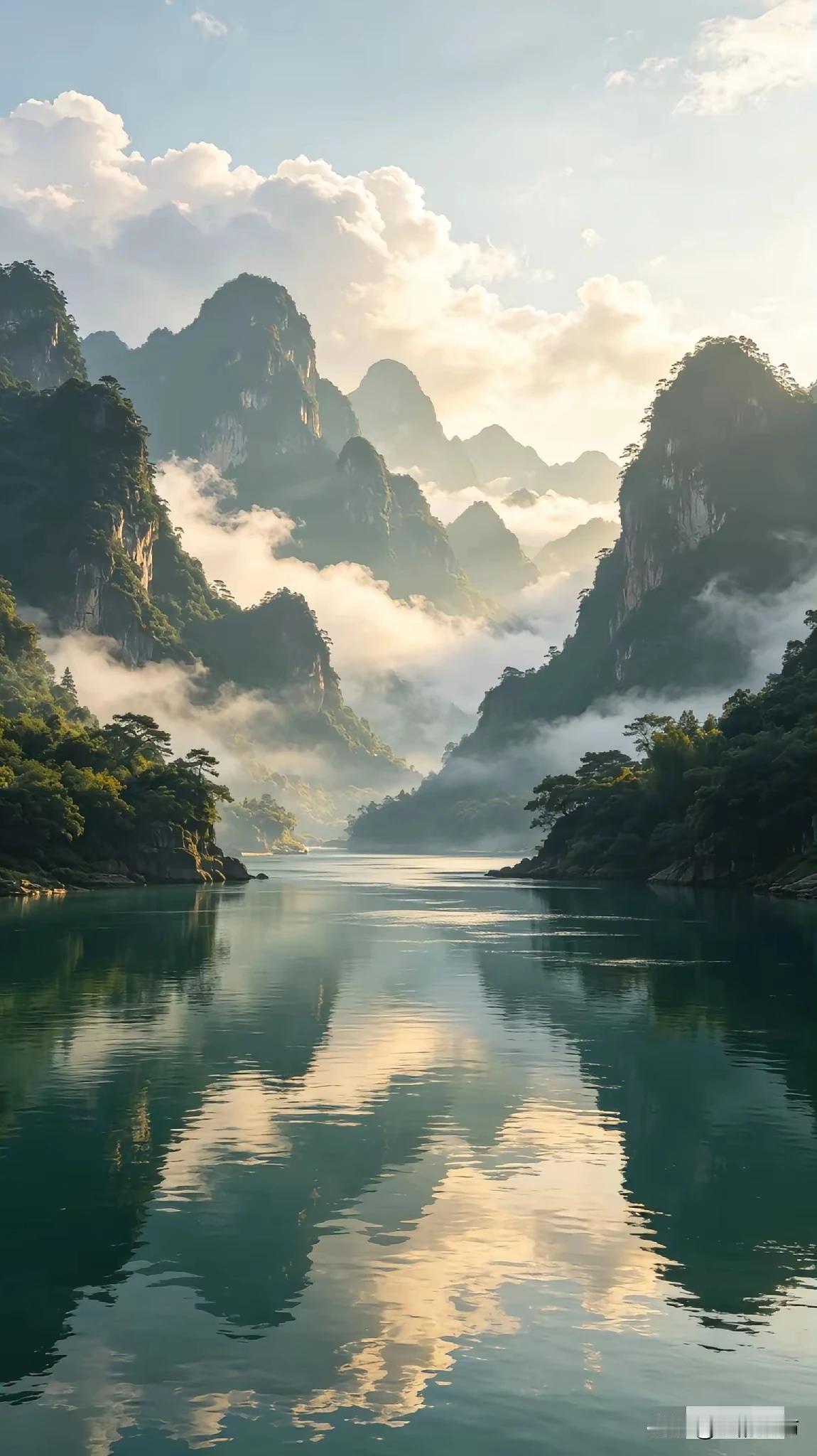 上联：千峰静蕴水云情
下联：百花沐浴雨露润。