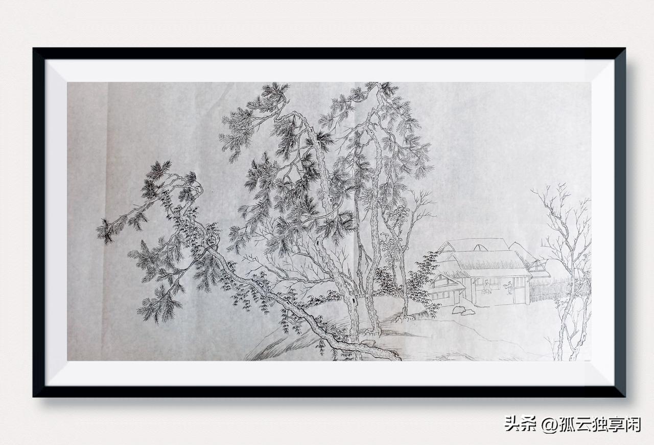 又画了二个半小时。完成国画小四尺的一半墨稿。这是临摹南宋刘松年的《溪山雪意图》的