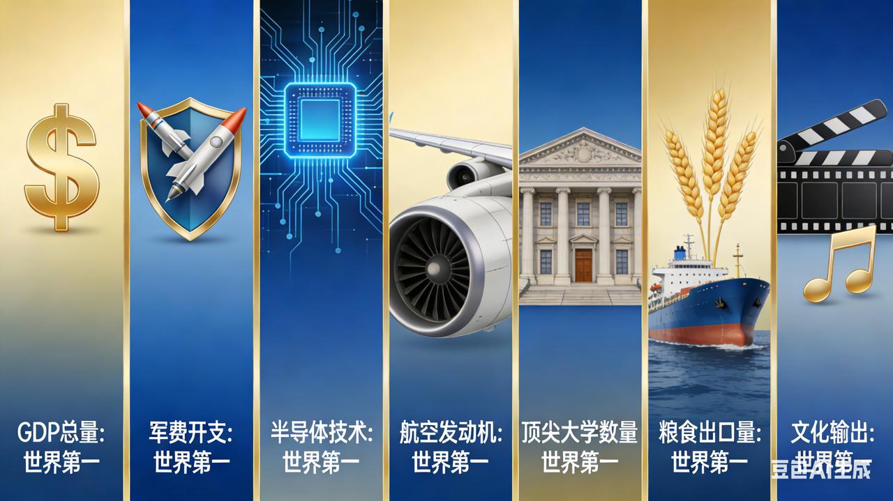 第一: 经济与金融
GDP，美元霸权，资本市场。

第二: 军事
军费8000多