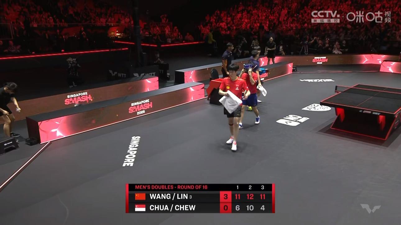王楚钦/林诗栋3比0蔡劭恒/周哲宇晋级WTT新加坡大满贯男双8强下轮对阵卡尔森/