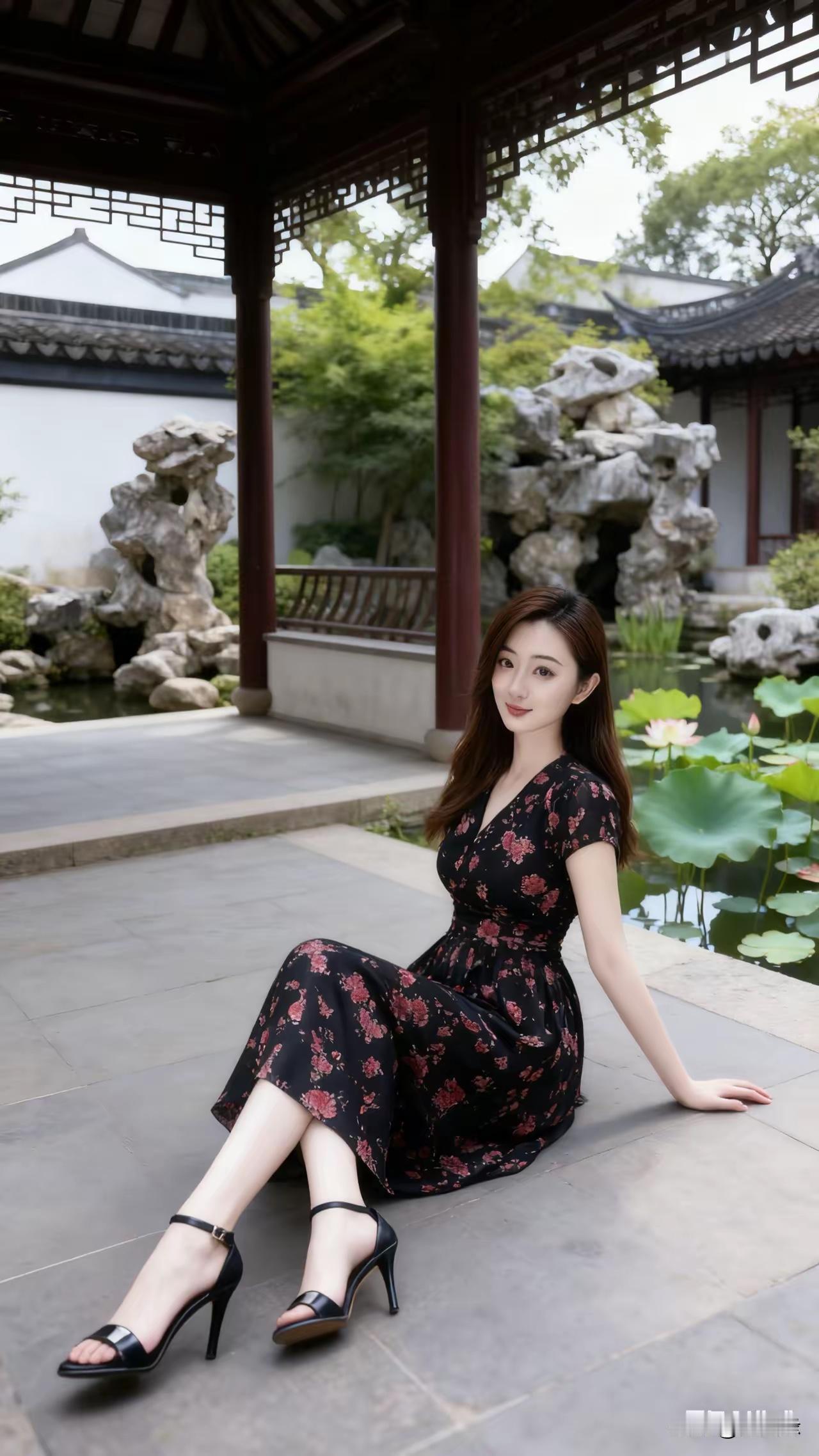 黑底红花裙，古风庭院中，优雅坐享静谧时光。