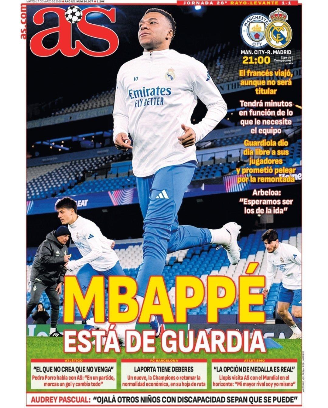 皇马 《阿斯》姆巴佩待命尽管不会首发，但姆巴佩去了曼彻斯特球队需要的时候他会上场