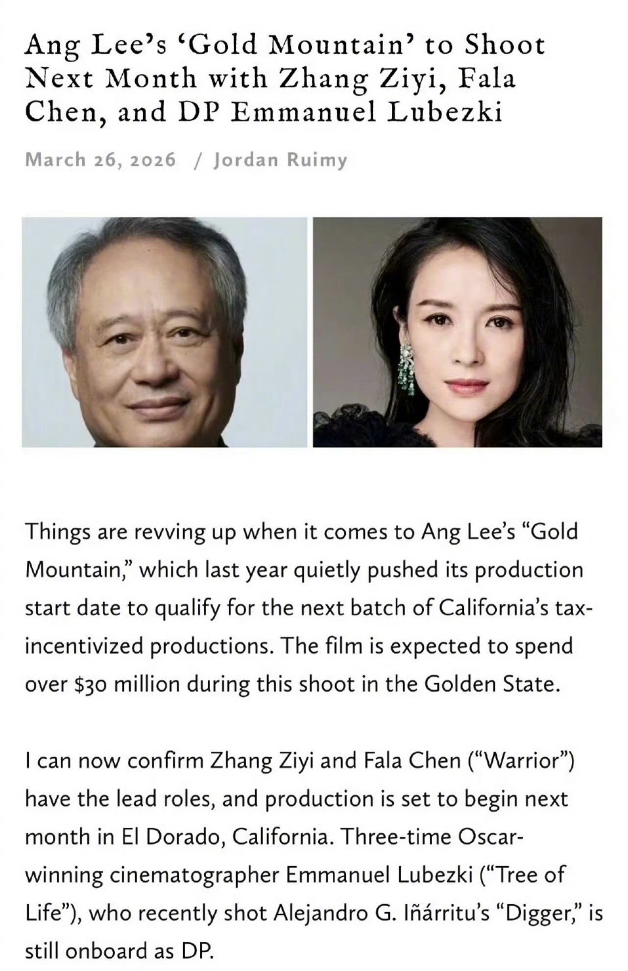 章子怡李安再合作 李安新片《金山》主演敲定，章子怡、陈法拉加盟，改编自小说《金山