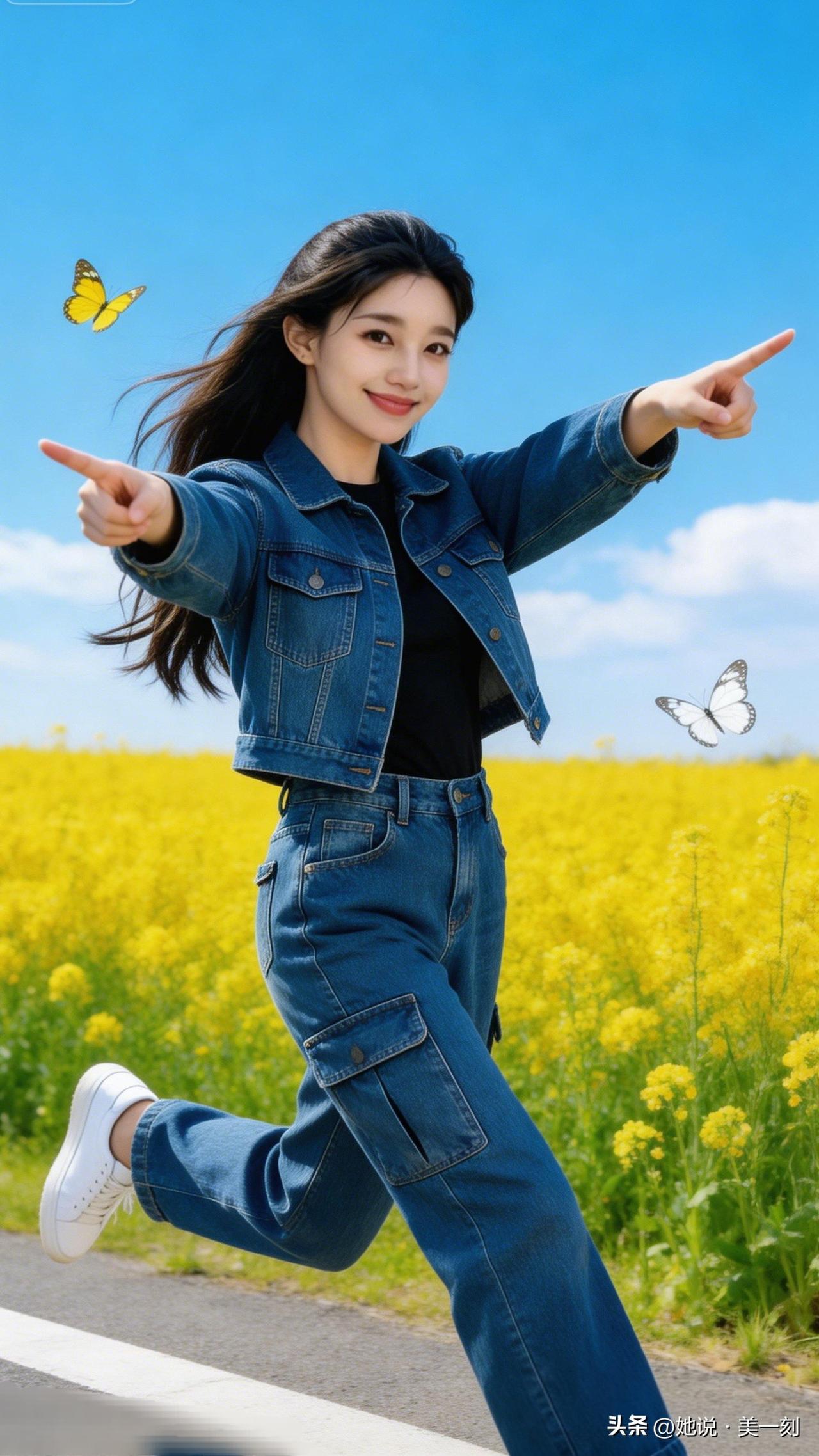 青春洋溢的牛仔风，奔跑在花海中，自由自在！🌼💙晒出美丽身影