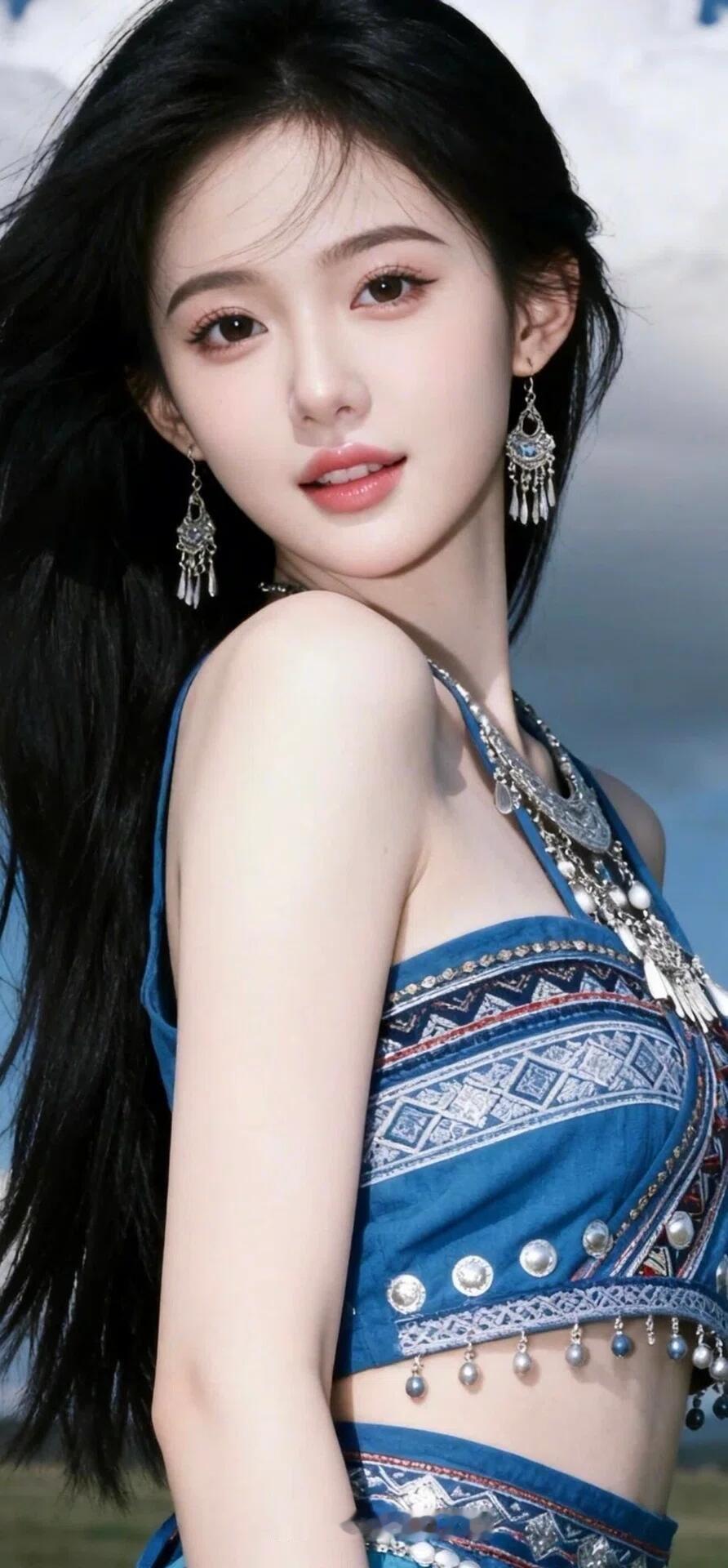异域风情少女，蓝白相间民族风，惊艳的耳饰，让人无法抗拒的美！💙💙💙