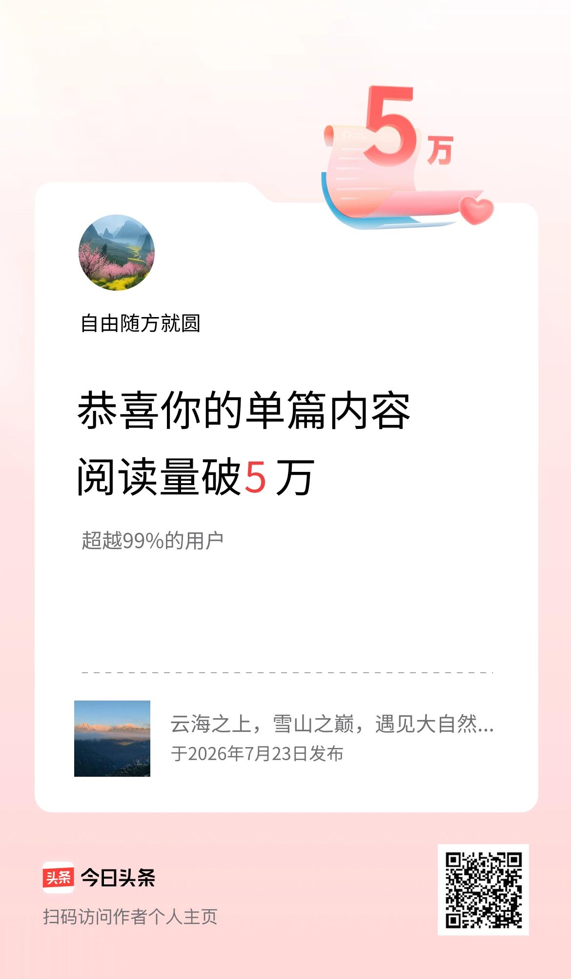 单篇内容获得阅读量破5万啦！