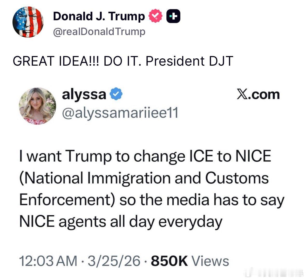 白宮力推將移民和海關執法局（ICE）更名為”國家移民和海關執法局”（NICE）的