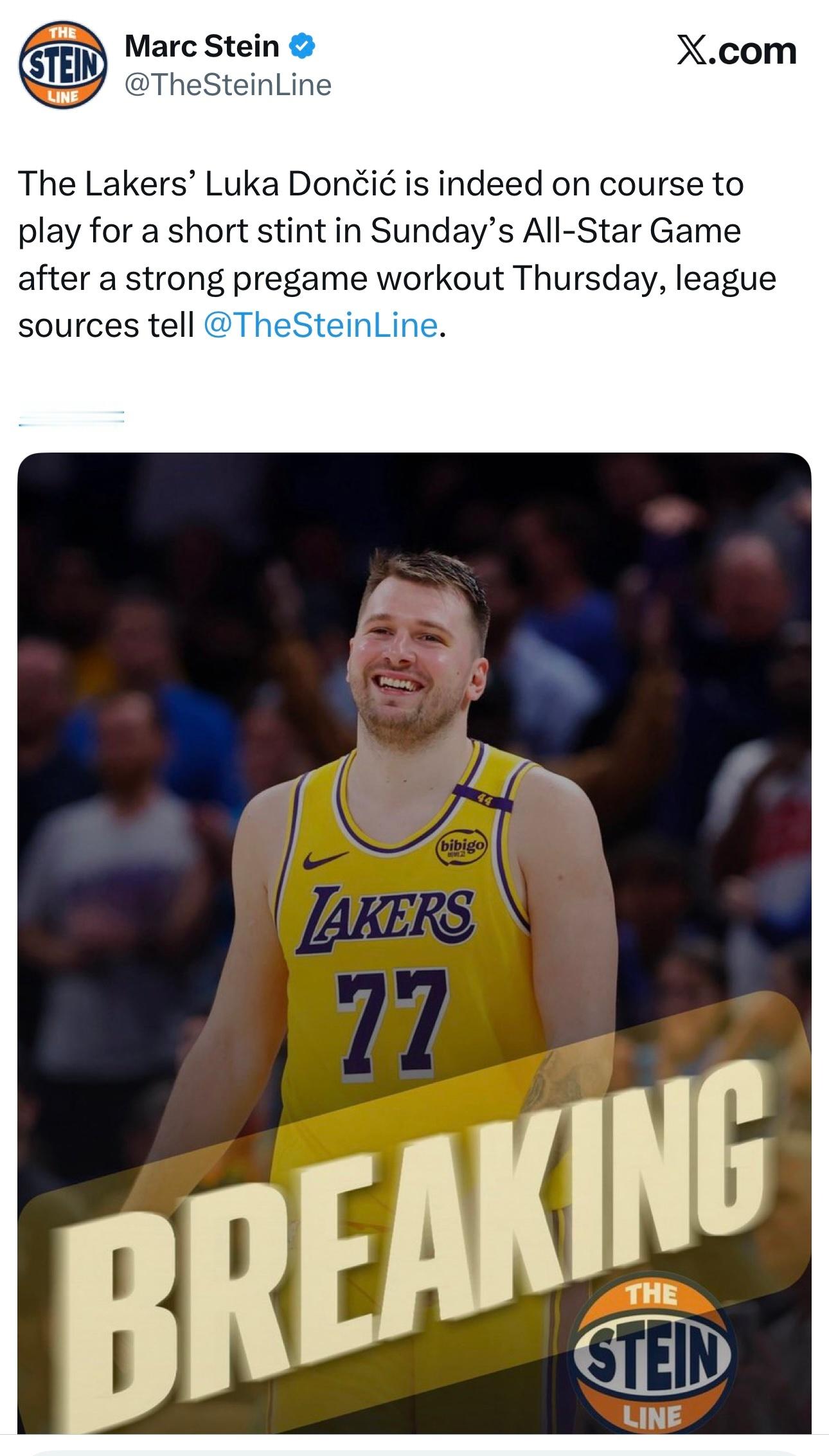 Marc Stein：消息人士透露，东契奇在昨天的赛前进行了高强度训练后，确实有