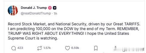 川普预测道琼斯指数将达到100000点。
“创纪录的股市，以及国家安全，都由我们