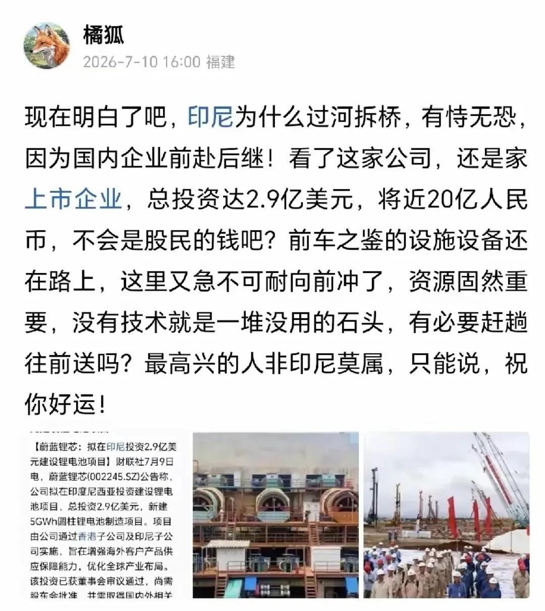 国内又有企业前赴后继的去印尼投资！

上市公司蔚蓝锂芯7月9日公司官方公告：计划