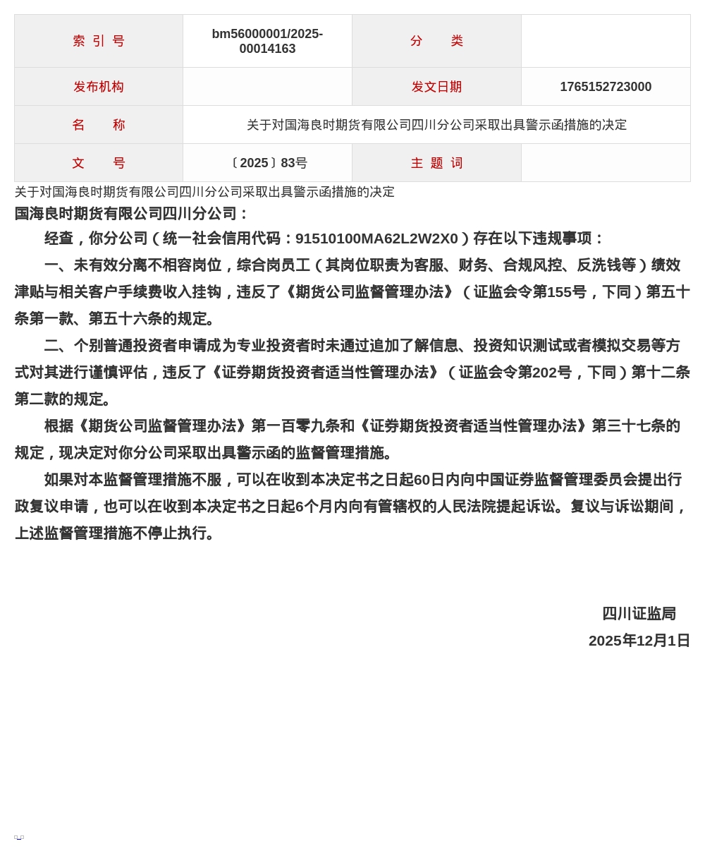 国海良时期货四川分公司被出具警示函，涉未分离不相容岗位等