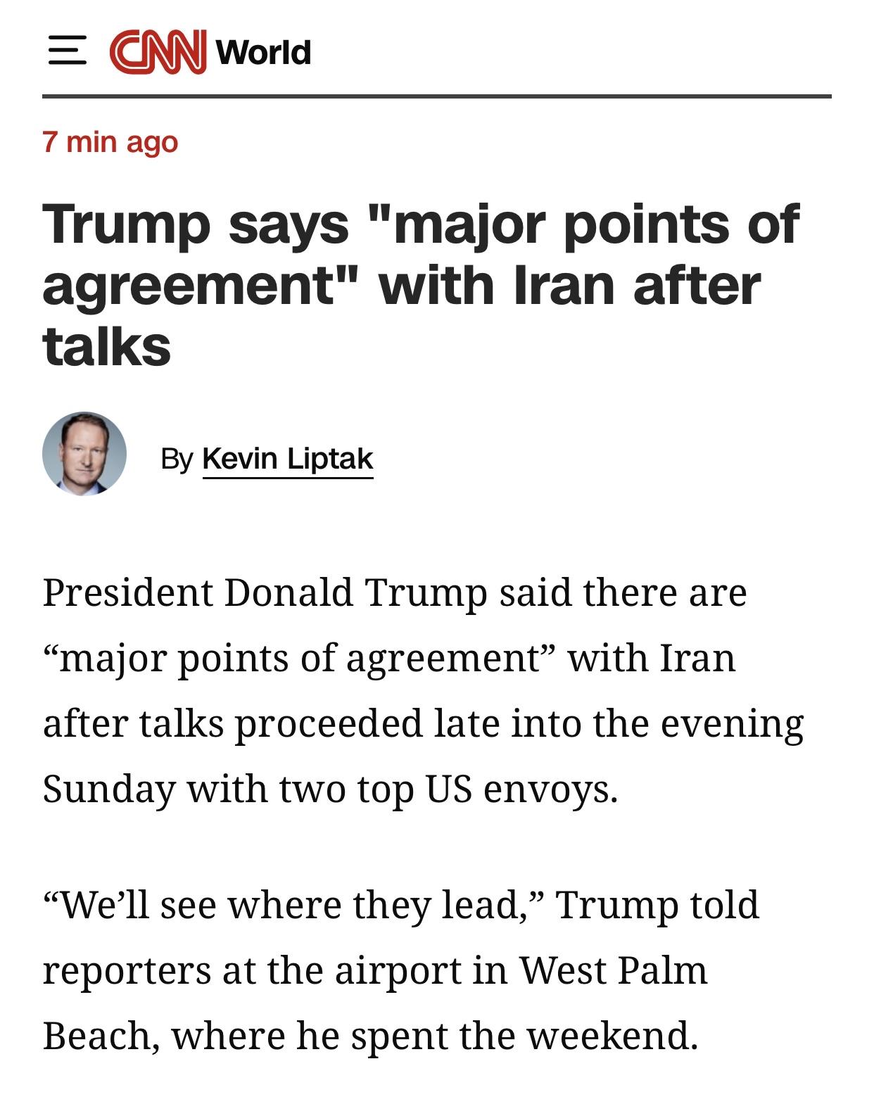 美媒：特朗普称会谈与伊朗达成了“主要共识点”

美国有线电视新闻网(CNN)官网