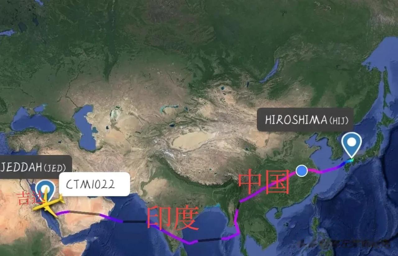 泽连斯基专机从沙特吉达机场起飞，途径阿拉伯半岛，阿拉伯海，印度，进入中国领空。中