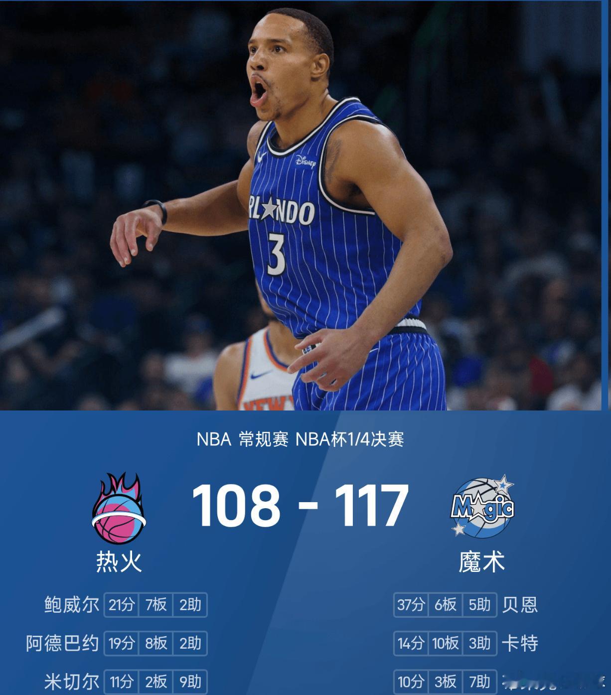 12月10日讯 25/26赛季NBA 常规赛 NBA杯1/4决赛，魔术对阵热火。