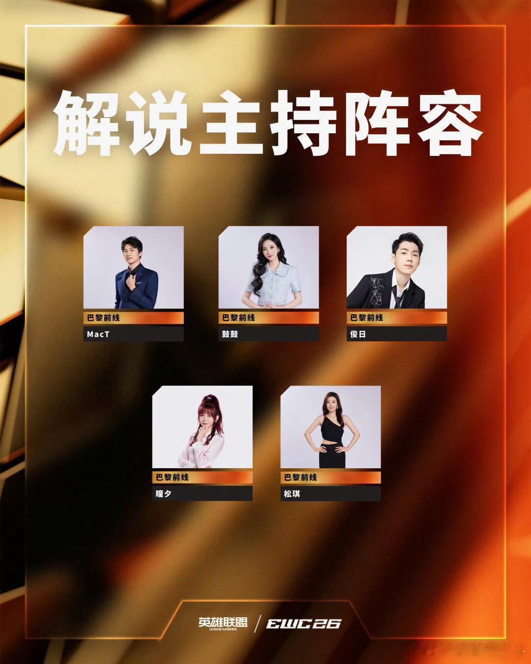 EWC解说主持阵容。巴黎前线：MacT、鼓鼓、俊日、瞳夕、松琪后方演播室：硕硕、