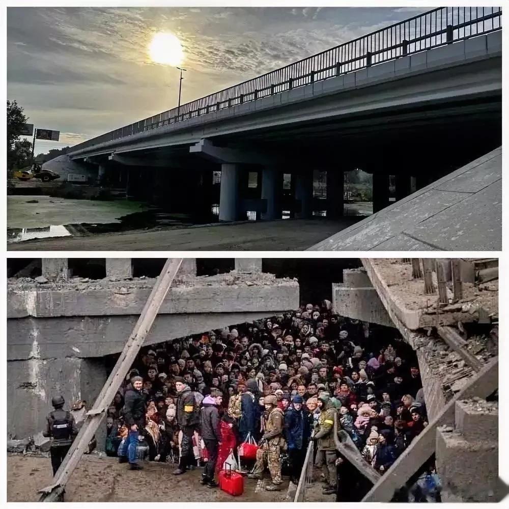 这速度够可以，基辅通往伊尔平小镇的桥修好了。
开战之初，无数逃离避难的人们聚在桥