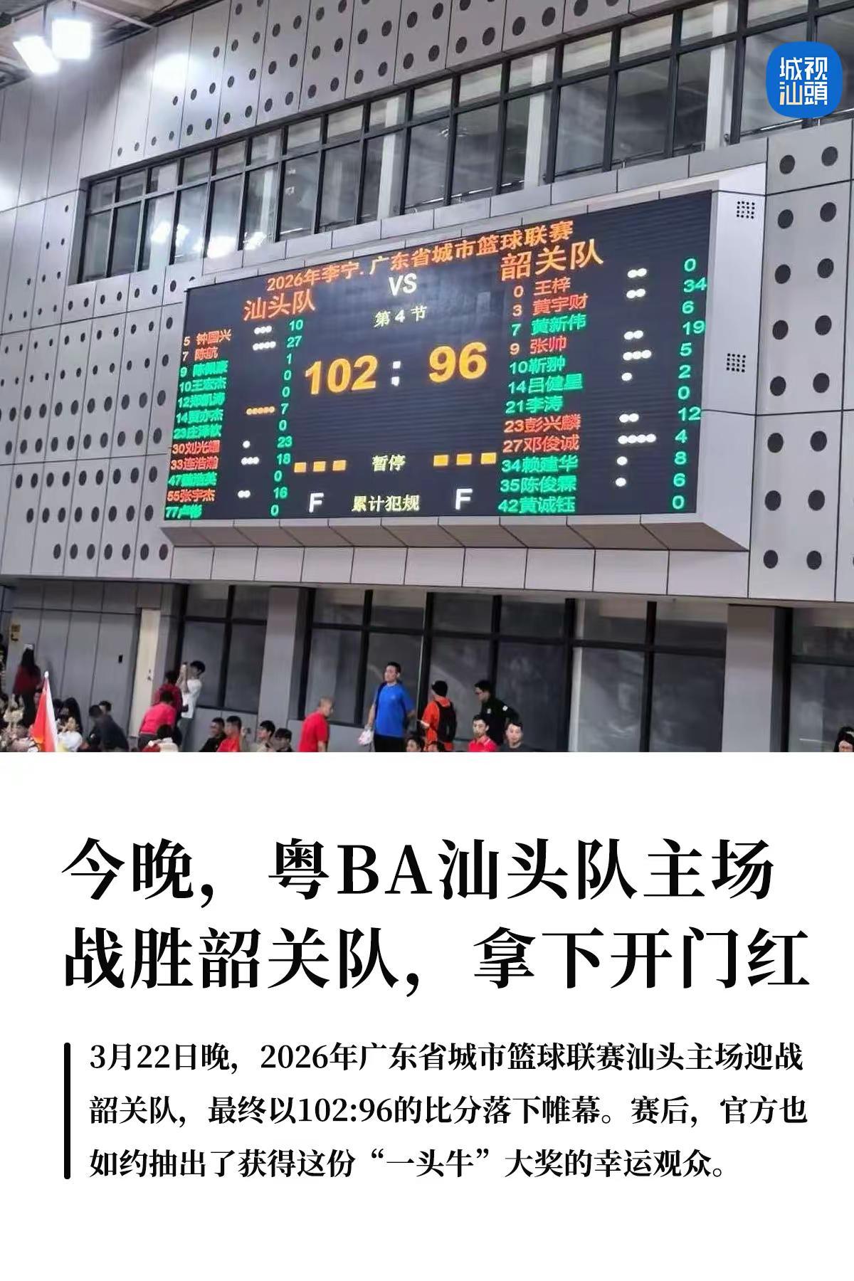 粤BA汕头队主场战胜韶关队，拿下开门红！。3月22日晚，2026年广东省城市篮球