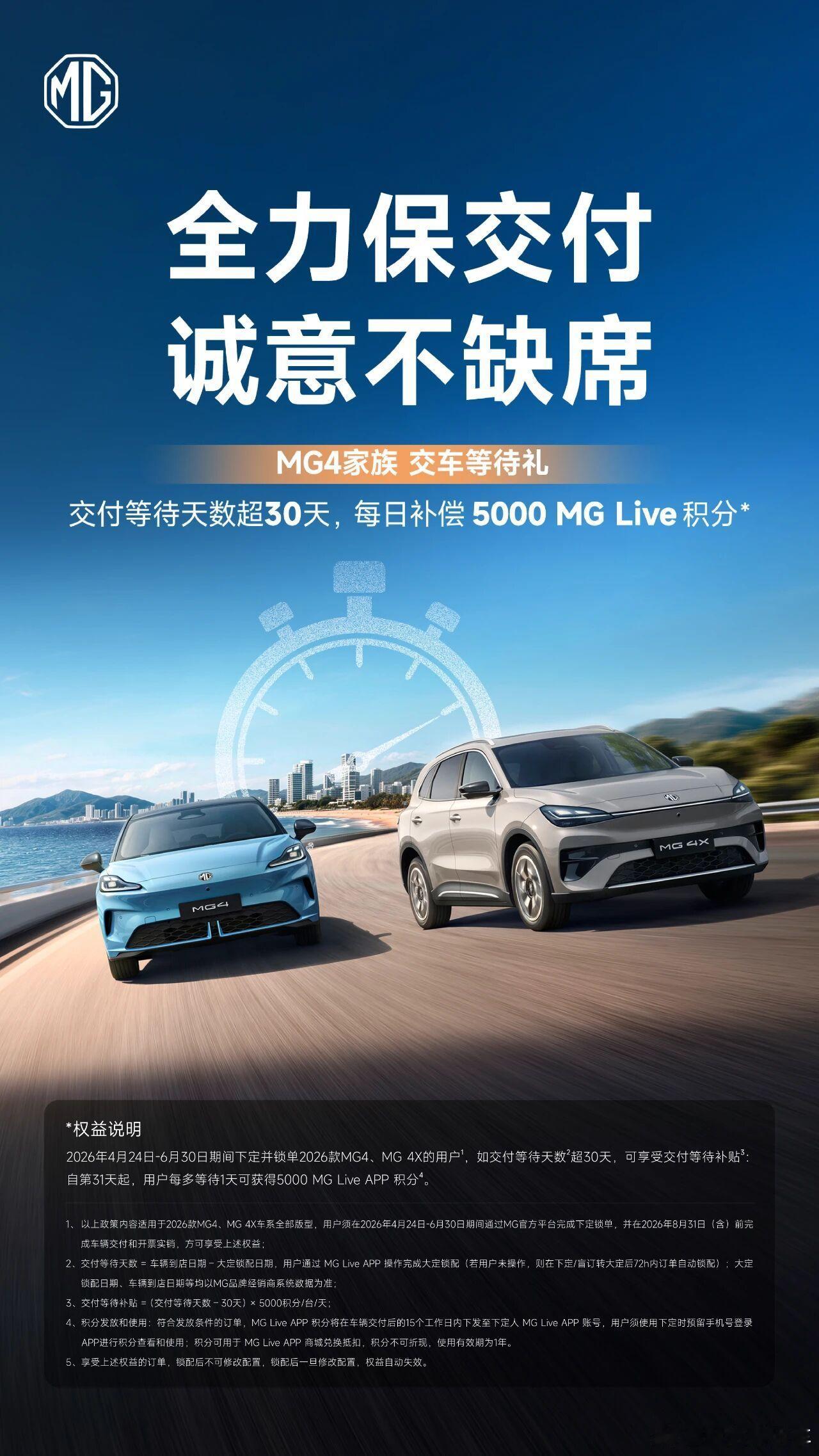 全力保交付，诚意不缺席MG4家族交车等待礼请查收✉️交付等待天数超30天，每日补