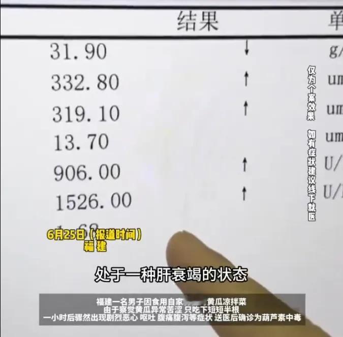 福建，一男子用自家种的黄瓜做了盘凉拌菜，咬了一口发现异常苦涩便只吃了短短半根，没