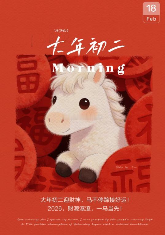 大年初二，财神进门。左手抓金，右手抓银，全家安康，万事顺心。大家早上好 