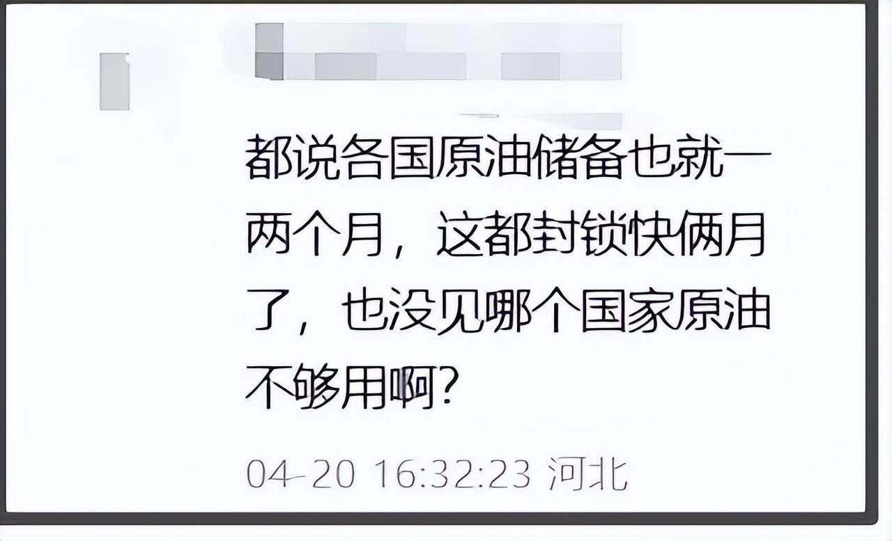 前几天，看到一个留言是这么写的：“都说各国原油储备也就一两个月，这都封锁快俩月了