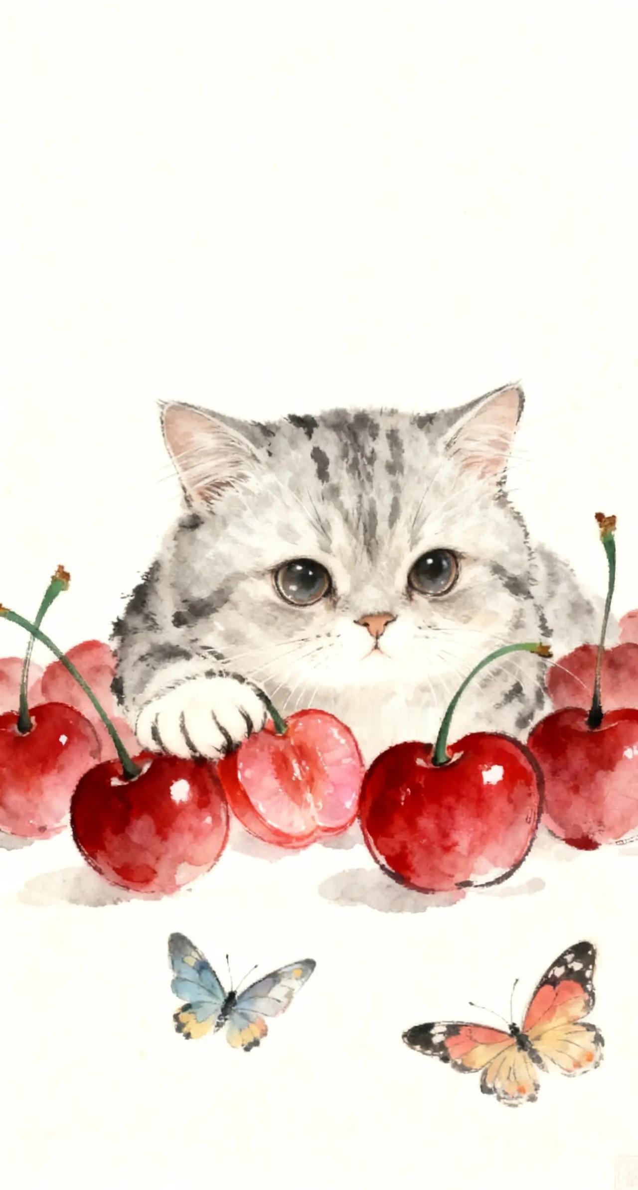 水墨萌猫樱桃风