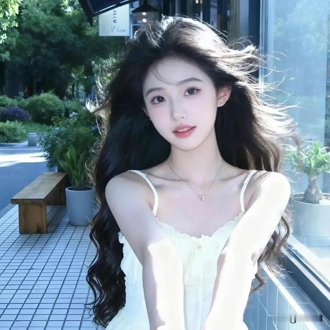 风掀云鬓碎光柔，
玉腕轻抬露浅愁。
杏眼含春明似月，
樱唇带笑淡如瓯。
黄裙裁得