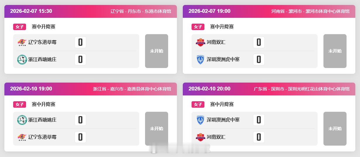 2025-2026中国女排超级联赛 赛中升降赛竞赛日程：2月7日（六）15:30