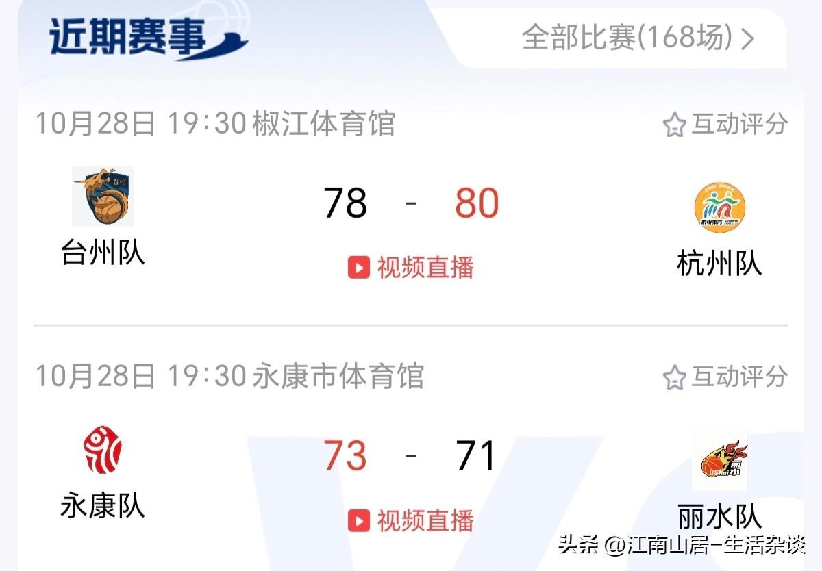 今晚的浙BA（小组赛第八轮），进行了两场强强对决。由台州队VS杭州队、永康队VS