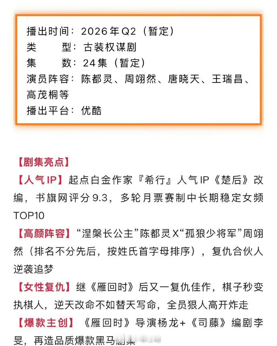 陈都灵、周翊然《翘楚》开启招商，👖备播6月。 