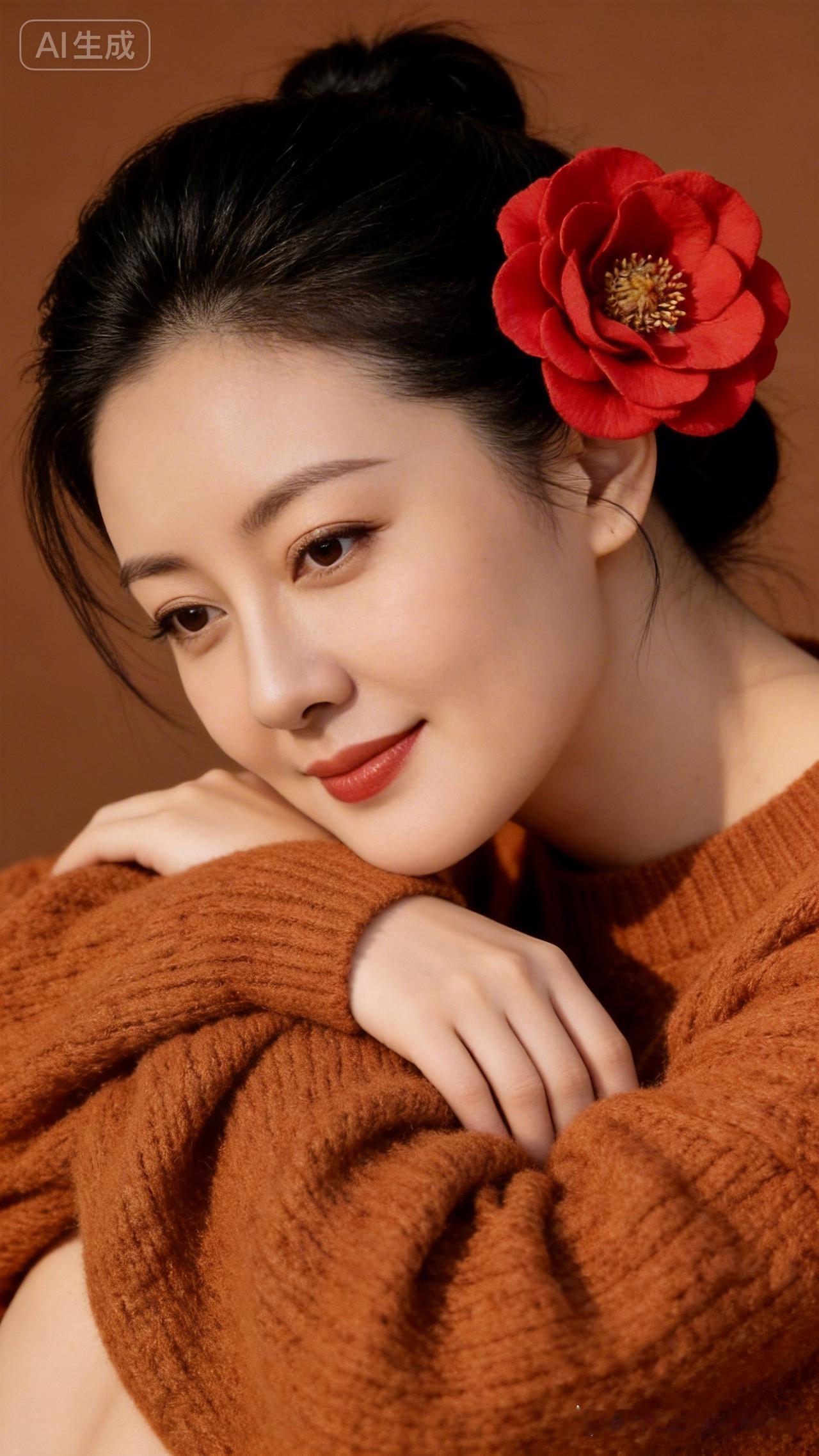 秋日暖阳下的温柔少女，红衣花饰点缀，尽显优雅与甜美。