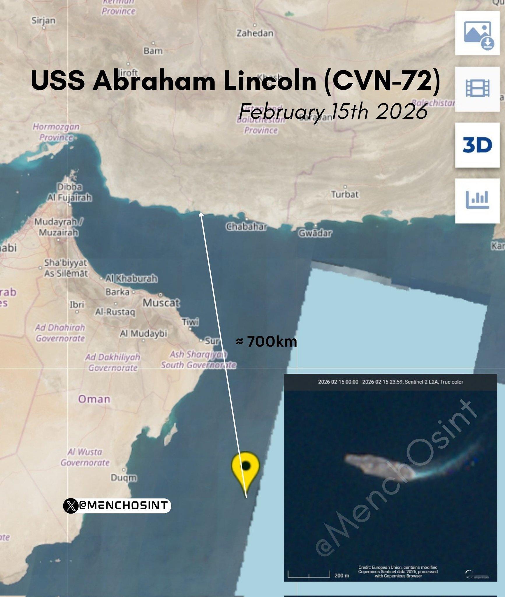 🔻林肯号航空母舰（CVN-72）目前仍在远离伊朗的海域执行任务。🔻自抵达以来